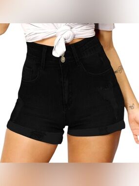 High-Waisted Super Stretchy Black Denim Shorts | XL (12)